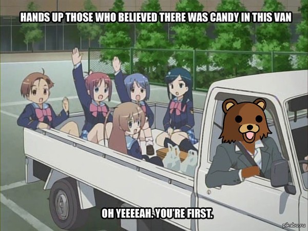 translation: hands up for those who believed there was candy in this van - Pedobir, Van