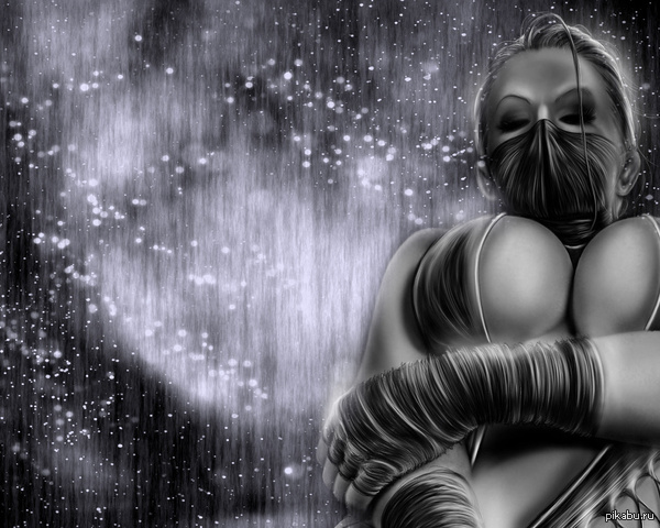 Mortal kombat - NSFW, Mortal kombat, Art, Boobs, Pencil drawing, Black, White, Mask, Bandage