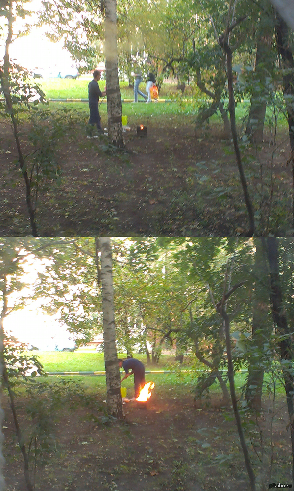 Чел жарит шашлык во дворе в Москве.