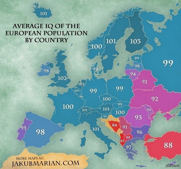 The average IQ of the population of European countries - Cards, IQ, Statistics, Interesting