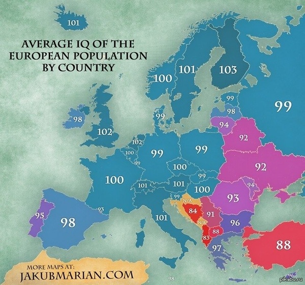 Среднестатистический IQ населения европейских стран - Карты, IQ, Статистика, Интересное