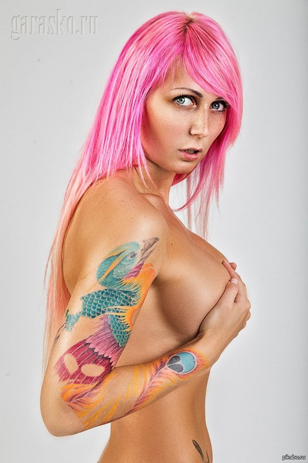 Pink hair - NSFW, Girls, Прическа, Hair, Pink, Tattoo, Strawberry, beauty, Breast