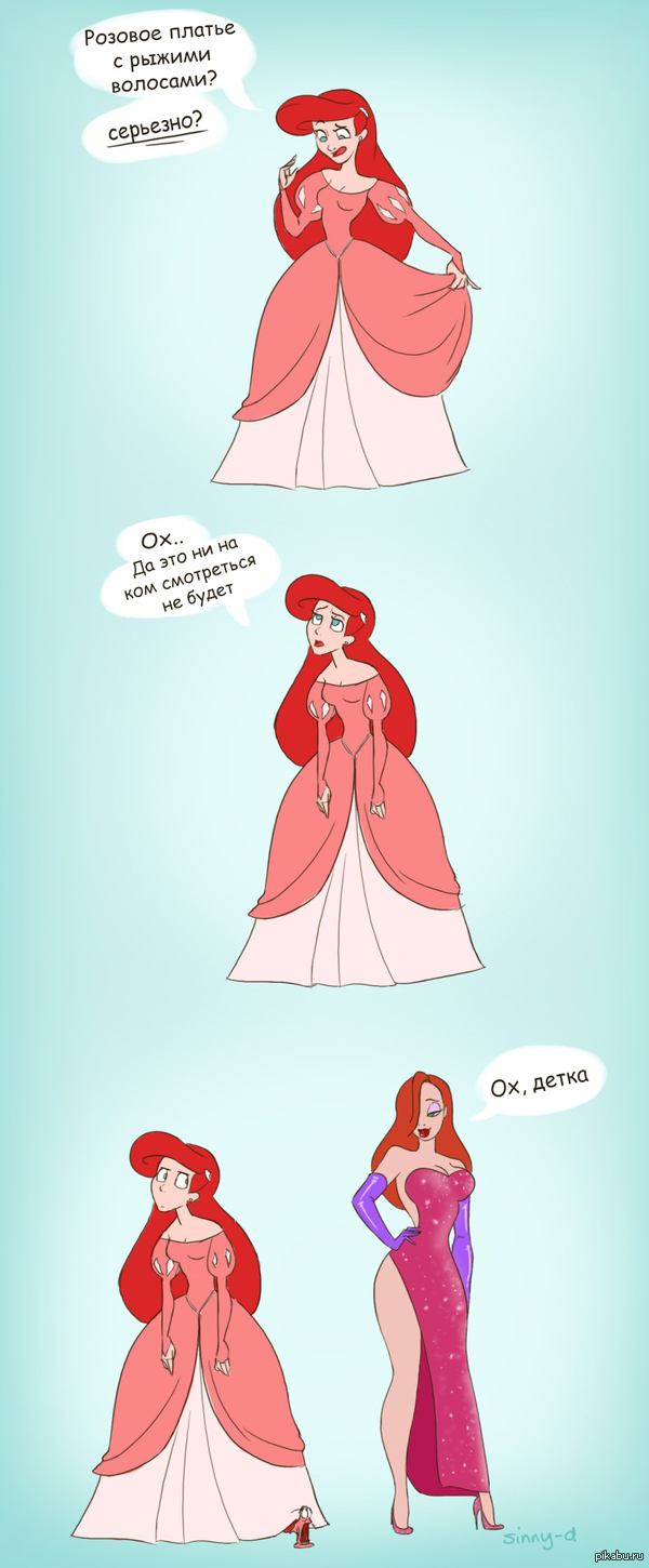 Pink dress with red hair - Walt disney company, the little Mermaid, Jessica Rabbit, Sebastian