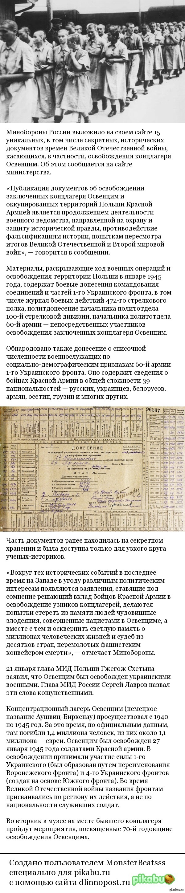 Минобороны России решило положить конец спорам об освободителях Освенцима.