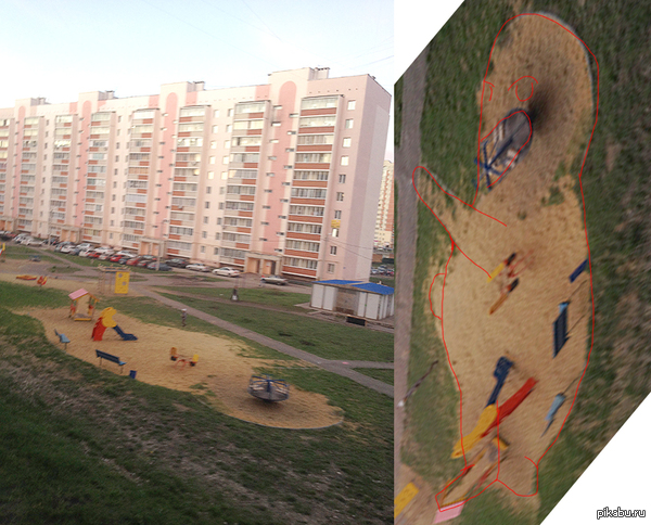 Песочница, в виде злой матрёшки, стоящей на одной ноге и кидающей зигу