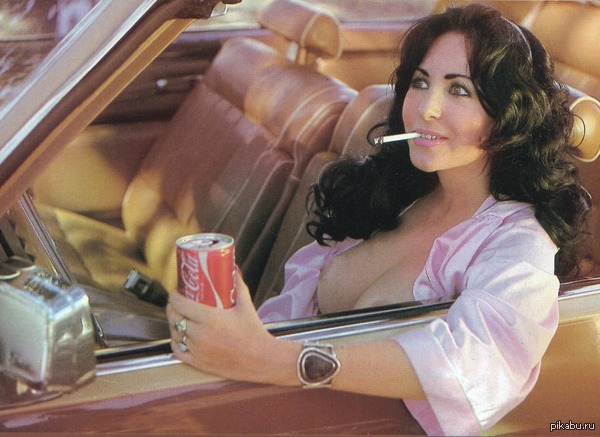 Sosa-Sola Sompanu - NSFW, Auto, Aluminum can, Salon, Smoking, Brunette, Cabriolet, Pink blouse, Boobs