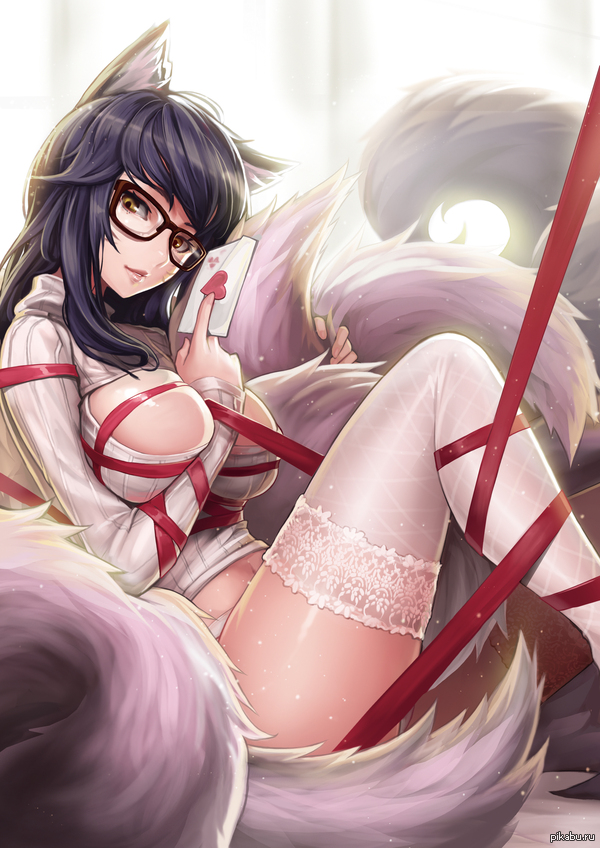 Ahri in the bed - NSFW, Art, League of legends, LOL, Ahri, Open chest sweater, Kitsune, Anime art, Hand-drawn erotica