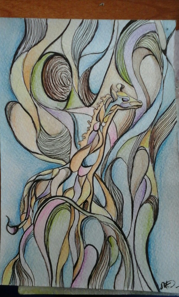 Stylization. - My, Stylization, Giraffe, Watercolor, Gel pen, Colour pencils, My, 