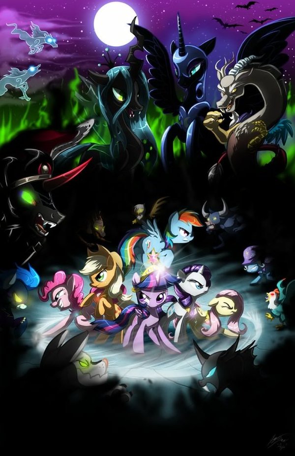 The FInal Showdown My Little Pony, Ponyart, Mane 6, Trixie, Nightmare Moon, King Sombra, Queen Chrysalis, MLP Discord