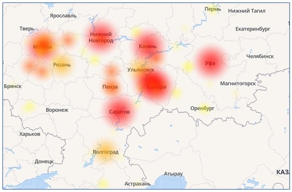 Карта сегодняшнего продолжительного сбоя сети мегафон (yota и прочие дочки) - Моё, Мегафон, Yota, Апокалипсис, Сбой