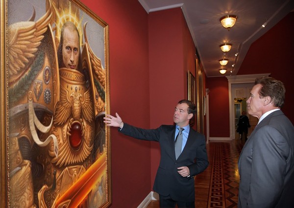 Photo of the day: Dmitry Anatolyevich shows Arnold Schwarzenegger a portrait of Vladimir Vladimirovich - Images, Vladimir Putin, Humor, Dmitry Medvedev, Arnold Schwarzenegger