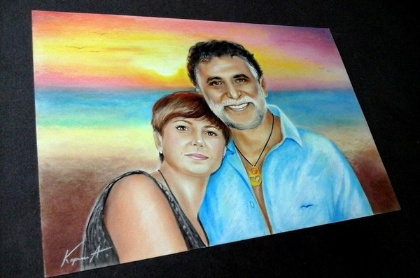 Portrait in pastel and watercolor pencils) A3 format. - My, Portrait, Pastel, Pair, Love, Artist, Painting, Sunset, Romance