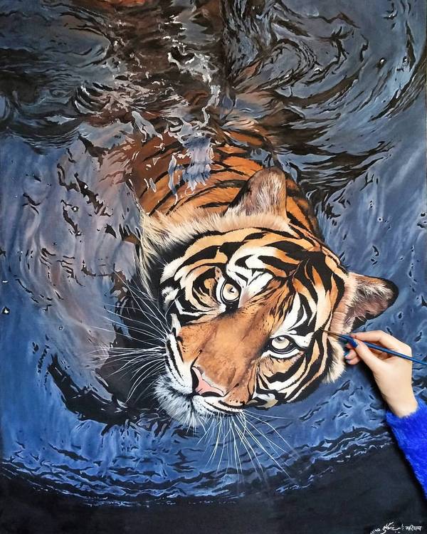 Hyper-realistic waterfowl Maryam Naeb (well, that's the name of the artist) - Tiger, Painting, , , Hyperrealism