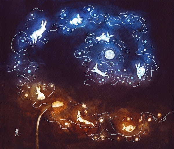 moon rabbits - My, Watercolor, Rabbit, moon, Night, Drawing, Illustrations