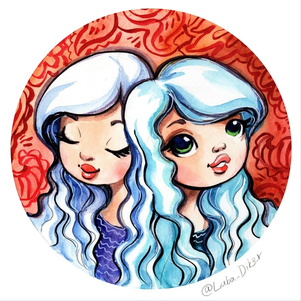 Gemini. Cartoon signs of the zodiac from Luba Diker. - My, Zodiac signs, Twins, Watercolor, Drawing, Cartoons, Artist, Sketch