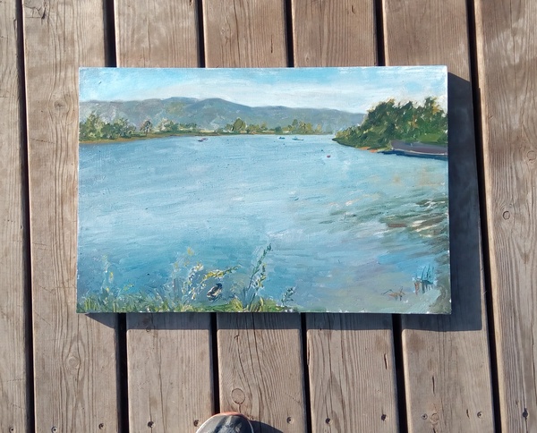 Embankment of the Yenisei. View near Gorky Park. - My, , Painting, Oil painting, Butter, Landscape, Yenisei, Krasnoyarsk, Summer