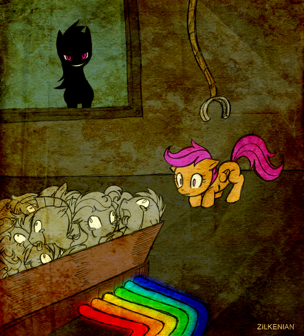 Rainbow Factory My Little Pony, Rainbow Dash, Scootaloo, Grimdark, Rainbow Factory