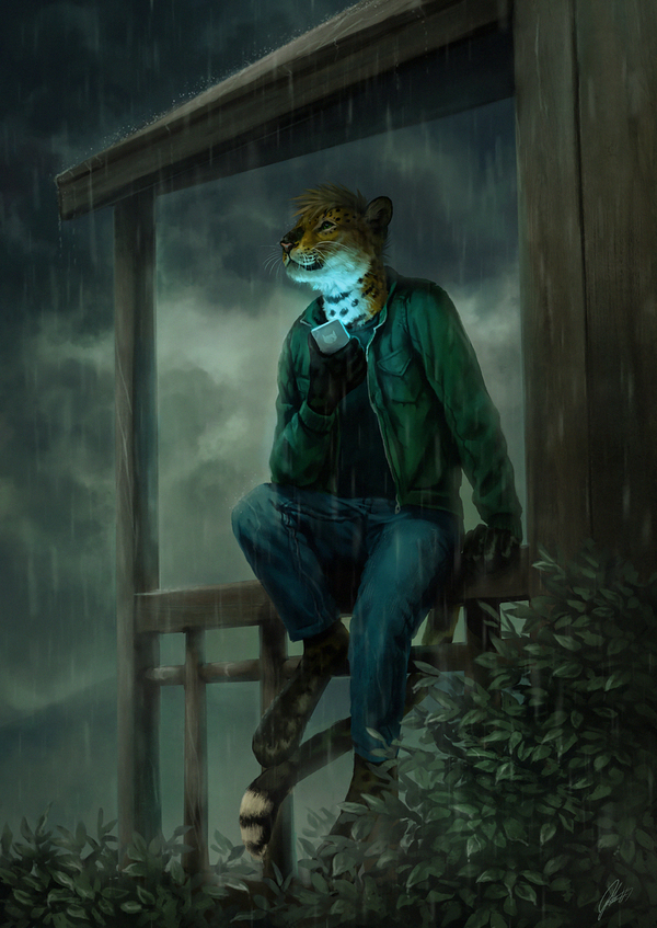 Alone Tonight - Furry, Art, Johis, Rain, Night, Leopard