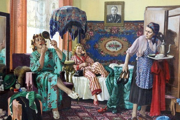 Socialites are getting ready for fashionable parties. - Socialist Realism, Corporate, Party, Socialite, Bureaucracy, Painting, Artist, the USSR