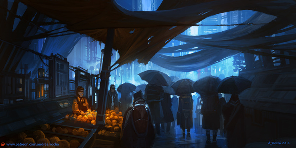 Fresh Oranges With Serial Numbers - Art, Painting, Town, Atmosphere, Orange, Cyberpunk, Future, Anthill, Longpost, , Andreas Rocha