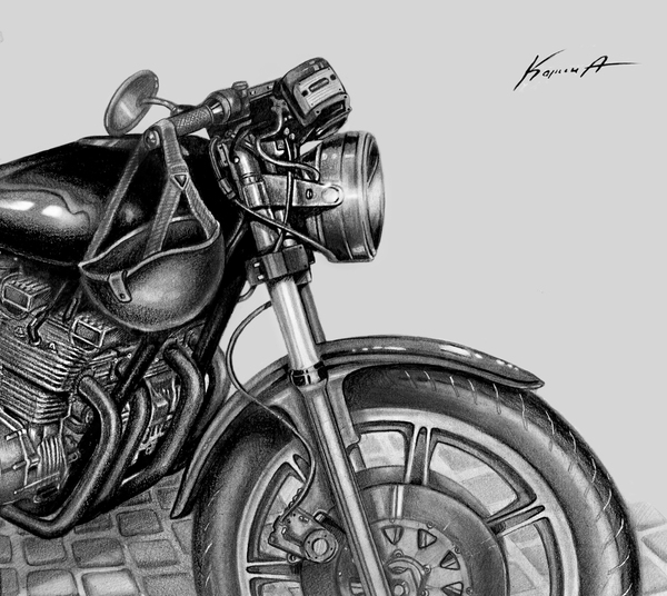 Motorcycle drawing with black watercolor pencil. 2017. - My, Moto, Motorcycles, Artist, Pencil drawing, 