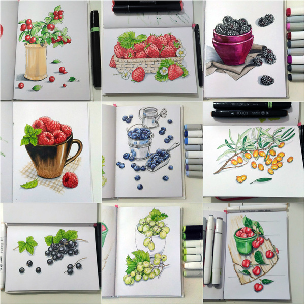 Drawings with markers (Berries) - My, Marker, Drawing with a marker, Drawing, Alcohol markers, Longpost