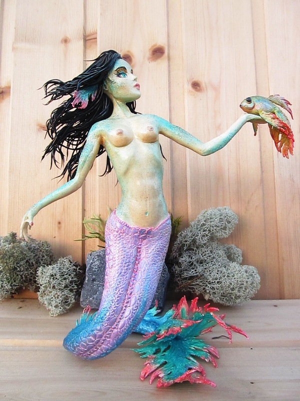 Mermaid with goldfish - My, Mermaid, the little Mermaid, Gold fish, Needlework without process, Polymer clay, Longpost