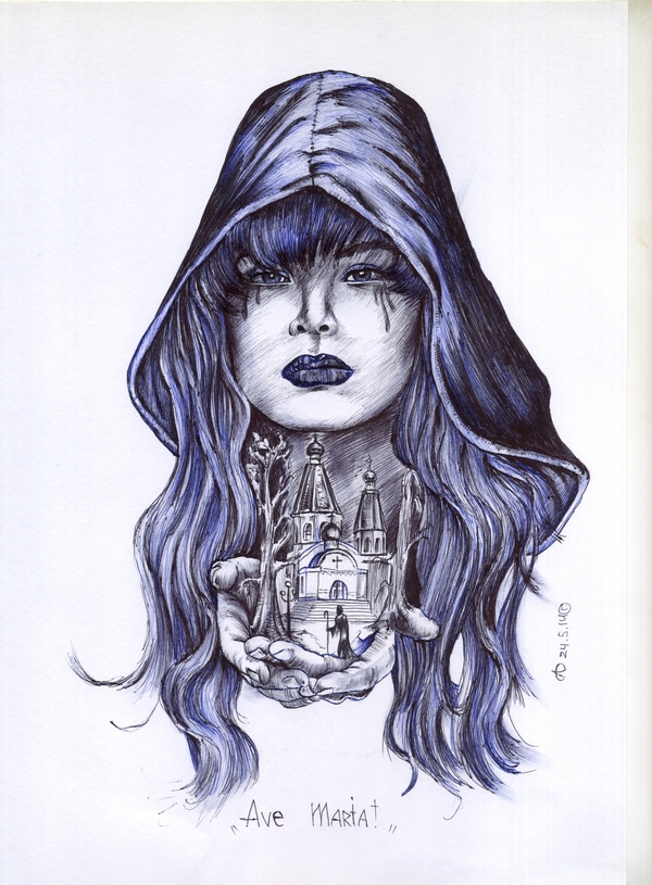 Ave Maria! - My, Black pen, Blue, WHATMAN