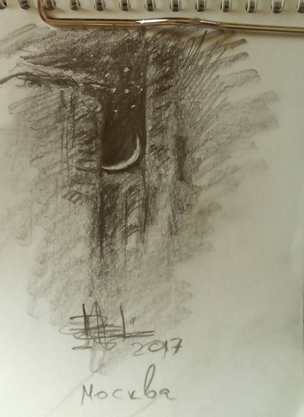 Minute Moon.. - Night, My, Impressions, Pencil drawing