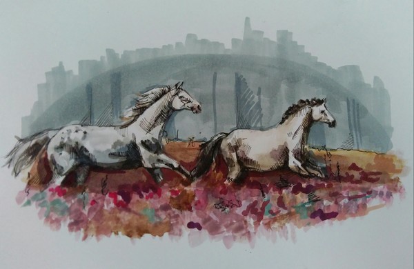 Horses - My, Drawing, Watercolor, Marker, Horses