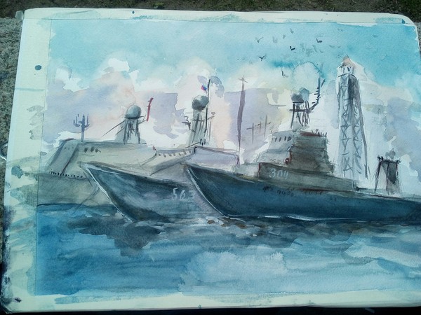 Plein air in Kronstadt, ships - My, Painting, Painting, Drawing, Ship, Watercolor