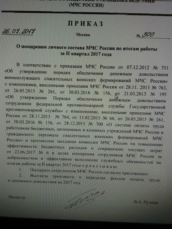 Order of the EMERCOM of Russia No. 300 dated July 26, 2017 On the encouragement of the personnel of the EMERCOM of Russia based on the results of work for the 2nd quarter of 2017 - My, Russian Emergency Situations Ministry, Rescuers, Ministry of Emergency Situations