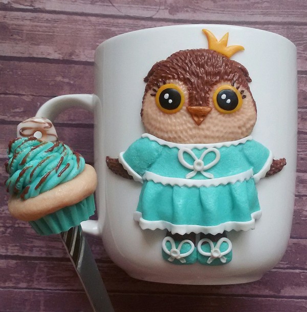 Owl on a mug and a spoon with a pie made of polymer clay - My, Polymer clay, Presents, Needlework without process, Needlework, Кружки, A spoon, With your own hands, Owl