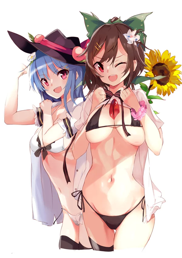 Reiuji Utsuho and Hinanawi Tenshi - NSFW, Reiuji Utsuho, Hinanawi tenshi, Touhou, Anime art, Tojo, Anime, Not anime