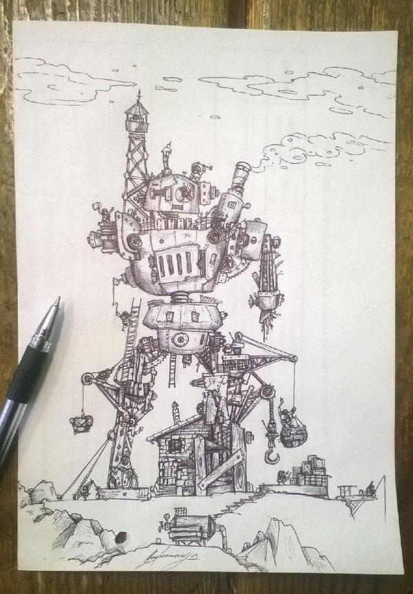 Repair artel - My, Gnomes, Robot, Drawing, Pen drawing, My, 