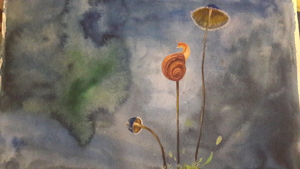 Snail... Ulya - My, Snail, Watercolor, Mushrooms, Story, Painting, Copy