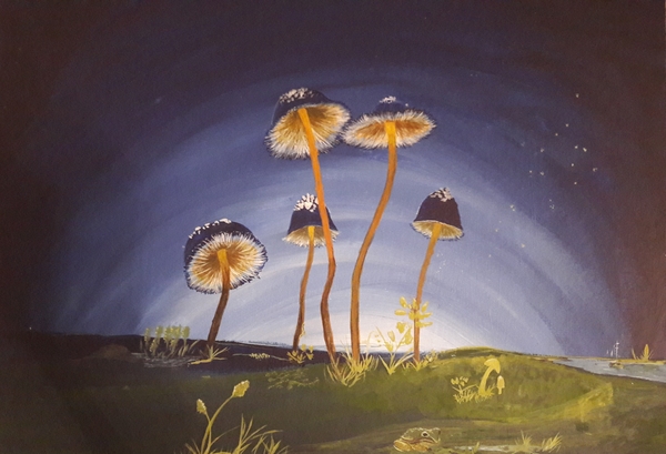 Night dwellers - My, Mushrooms, Painting, Acrylic, Night
