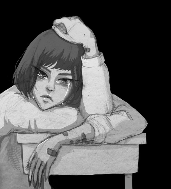 Sad girl - My, Creation, Anime, Art, Mixedmedia, Girls, Anime art, Sketch, Photoshop