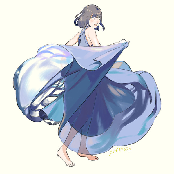 Dancing in Blue - Drawing, Anime art, Umishima senbon, Beautiful girl, Dancing, The dress, Blue, Longpost