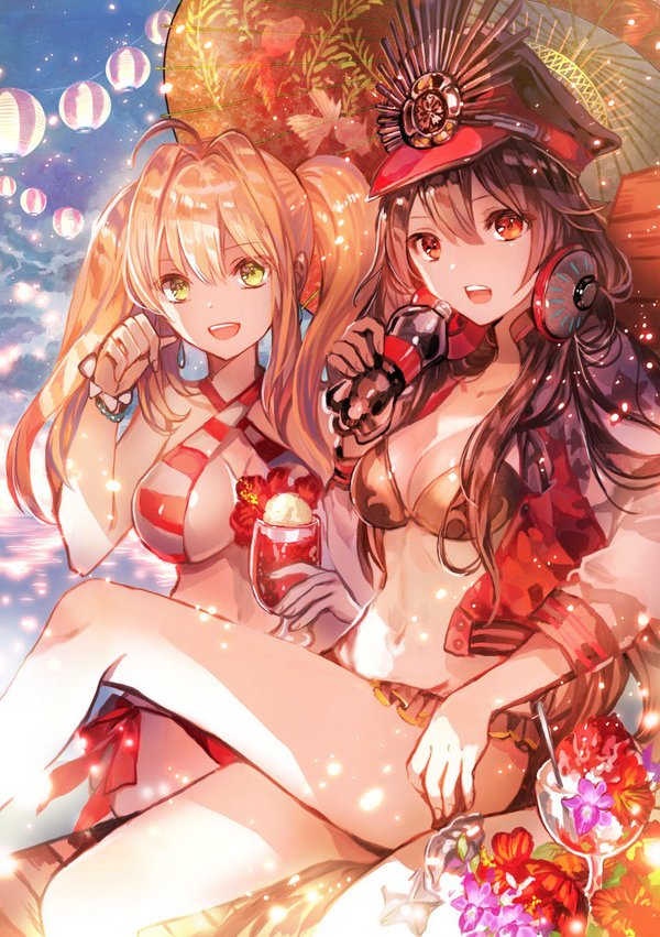 Nero Claudius and Oda Nobunaga - NSFW, Fate, Fate grand order, Fate-Extra, Oda nobunaga, Nero claudius, Swimsuit, Anime, Anime art