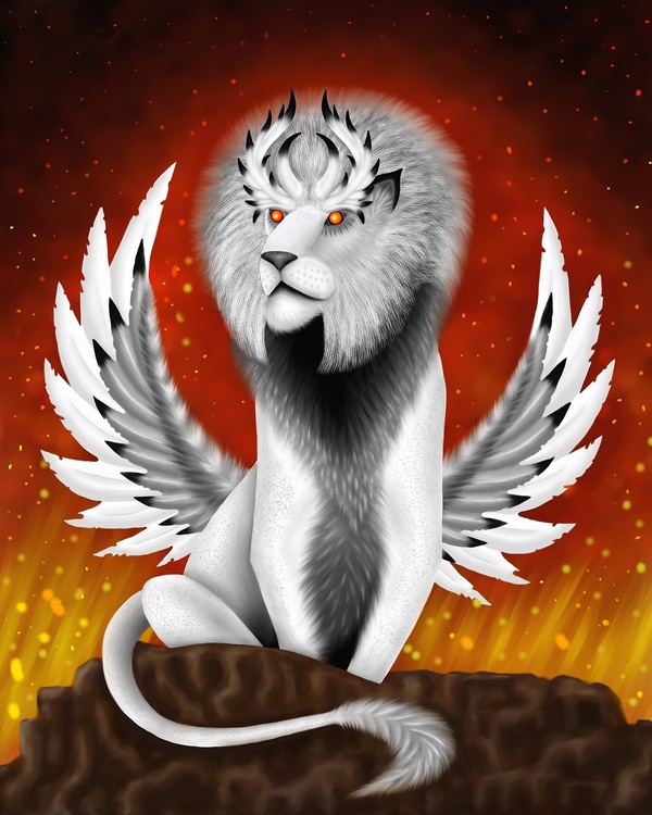 Ash Lion - My, a lion, White, Fire, A rock, Wings, Feathers, Predator, Horns