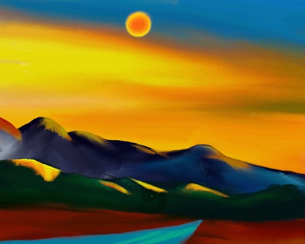 The mountains - My, The mountains, Drawing, Painting, Sunrise, Sunset, River, Review, Pixel Art