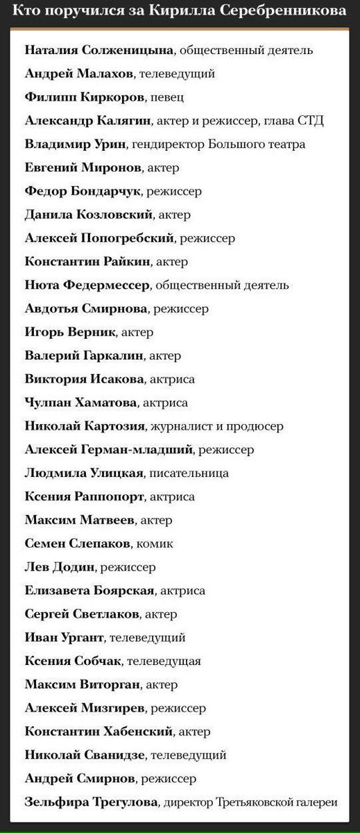 List of signatories. - Kirill Serebrennikov, Guarantee, Politics