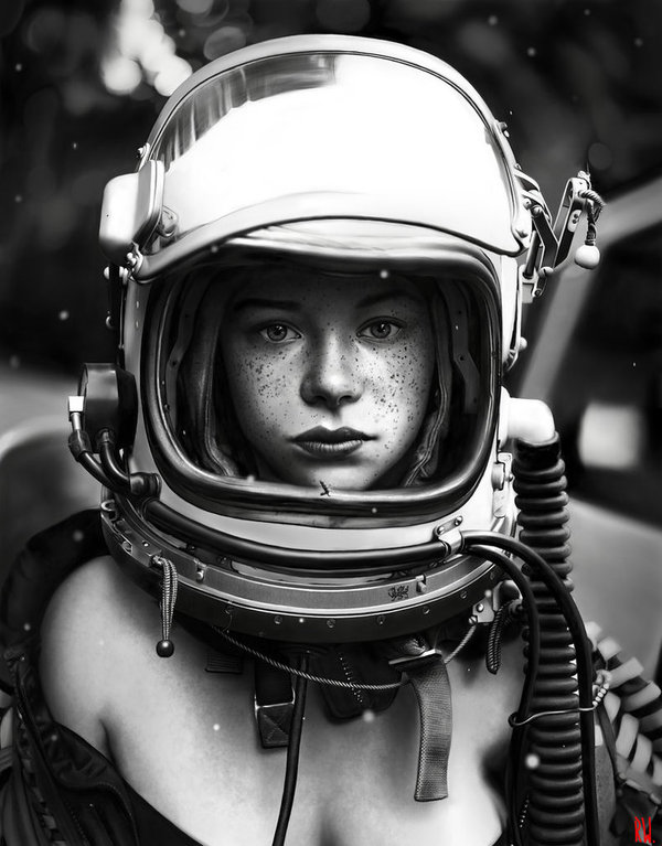 Drawing from a photo. - Portrait, Girls, Black and white, Spacesuit, Portrait by photo, Art