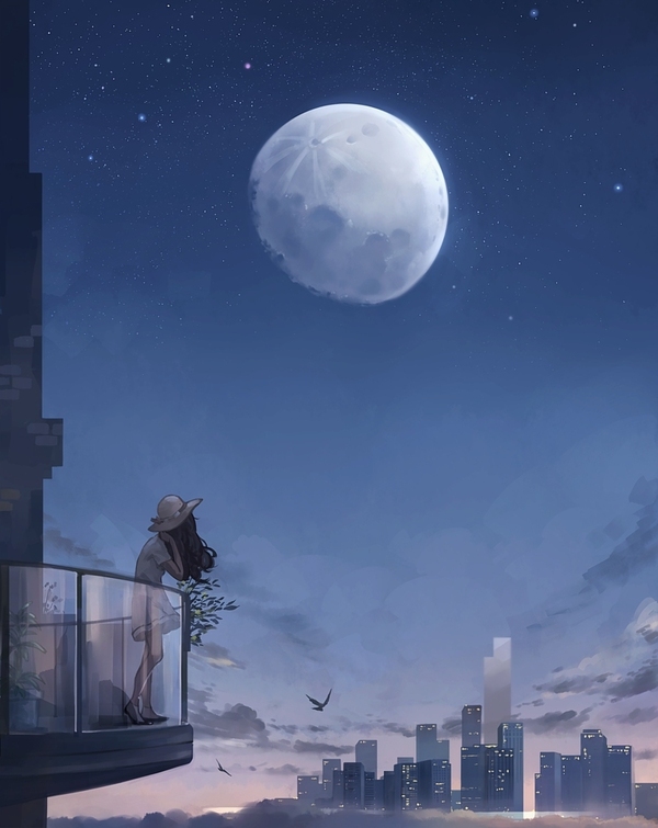 Balcony - Deviantart, Art, Drawing, Girls, Balcony, moon, Town