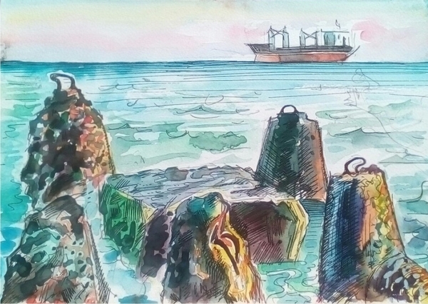 Seascape with breakwaters - My, Sea, Ship, Black Sea, Graphics, Watercolor, , , Etude