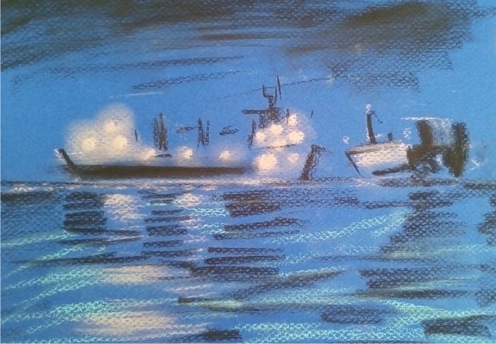 Night. Sea. Ships. - My, , Graphics, Landscape, Etude, Pastel, Sea, Marina