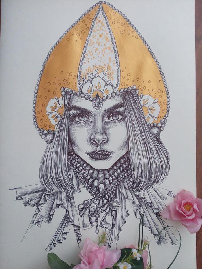 In the kokoshnik - My, Girls, Drawing, Art, Fantasy, Pen drawing