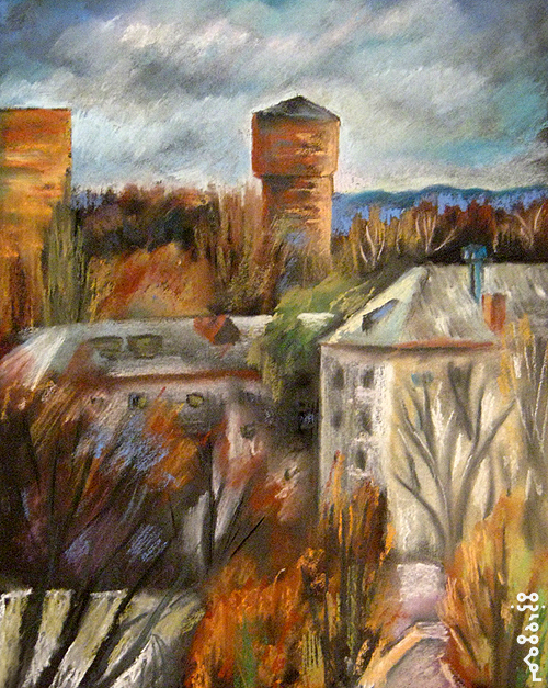 Landscape with water tower - My, Pastel, Landscape, Samara, Mekhzavod, Artist, Graphics, 