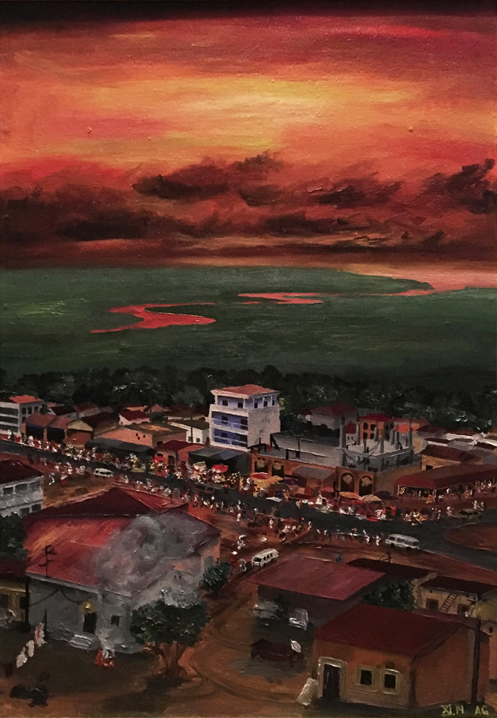 Conakry-I, Anthony Fletcher, 2014. Hardboard, oil, 75x50. - My, Africa, Sky, Painting, Cityscapes, River, Town, Street photography